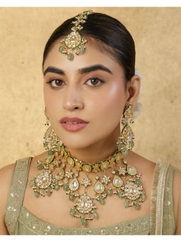Indinoor - Green Alkee Kundan Polki Necklace with Earrings