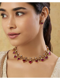Indinoor - Pink Enusha Temple Necklace with Earrings