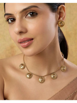 Indinoor - Gold Pandri Temple Necklace with Earrings