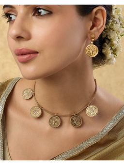 Indinoor - Gold Mehuni Temple Necklace with Earrings