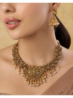 Indinoor - Off White Deepi Temple Necklace with Earrings