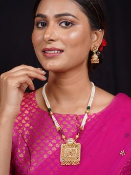 Niscka - Ethnic 24K Gold Plated Pink & Green Long Moti Dori Necklace with Earrings