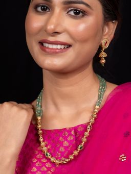 Niscka - 24K Gold Plated Green Beaded Necklace with Earrings