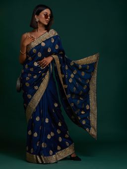 Koskii - Peacock Navy Blue Zari Work Semi Crepe Designer Saree with Unstitched Blouse