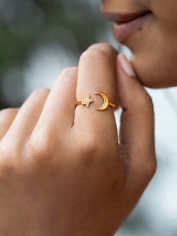 Shaya by CaratLane - Size 12 Moon and Star Aligned Ring In Gold Plated 925 Silver