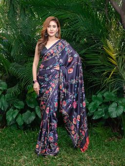 Beatitude - Blue Floral Printed Satin Saree with Unstitched Blouse
