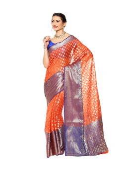 Banarasi Silk Works - Orange Zari Booti Pattu Border Art Saree with Unstitched Blouse