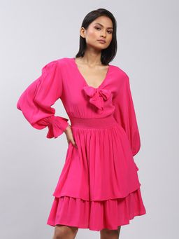 Label Ritu Kumar - V Neck Full Sleeves Solid Short Dress
