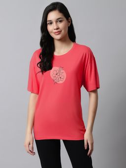 Kanvin - Red Floral Printed Drop-Shoulder Sleeves Oversized T-shirt
