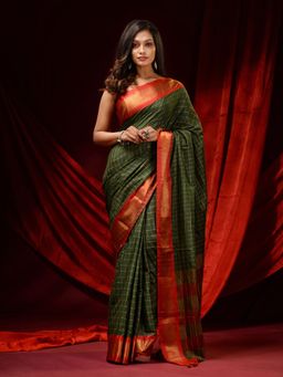 CHARUKRITI - Emerald Green Cotton Silk Check Zari Border and Stripe Pallu Saree with Unstitched Blouse