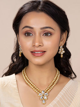 Peora - Beads Kundan Layered Long Necklace & Drop Earring Set for Women