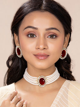 Peora - Oval Maroon Stone Beaded Adjustable Necklace Set for Women