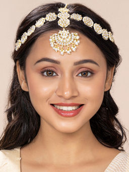 Peora - Floral Kundan Pearl Studded Rajasthani Maangtikka Sheeshpatti for Women