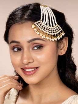 Peora - White Kundan and Small Pearls Studded Jhumar Passa Head Jewellery