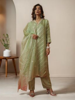 Gahan - Green Stripes Straight Kurta with Pant & Dupatta