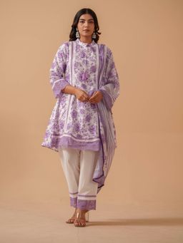 Gahan - Purple Floral Printed Linen Kurta & Pant with Dupatta
