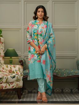 Gahan - Womens Floral Printed Cotton Kurta with Pant & Dupatta