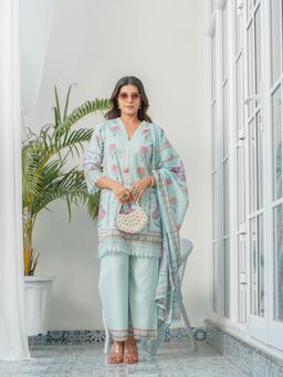 Gahan - Blue Floral Printed Cotton Kurta & Pant with Dupatta