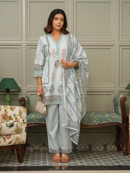 Gahan - Floral Printed V Neck Pure Cotton Kurta with Pant & Dupatta
