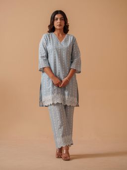 Gahan - Grey Embroidered V-Neck Pure Cotton Tunic with Palazzo