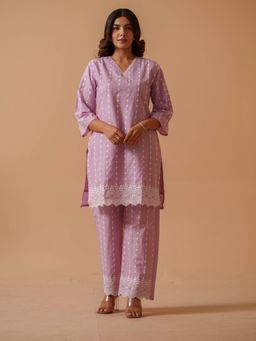 Gahan - Purple Embroidered V-Neck Pure Cotton Tunic with Palazzo