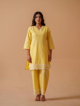 Gahan - Yellow Embroidered V-Neck Pure Cotton Tunic with Palazzo