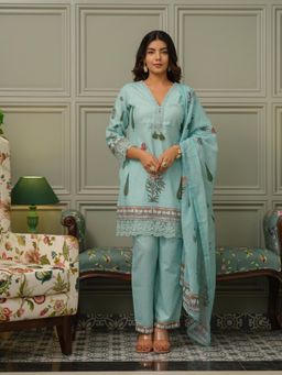 Gahan - Womens Floral Printed Cotton Kurta with Pant & Dupatta