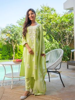 Gahan - Green Floral Yoke or Border Embroidered Kurta with Pant & Dupatta