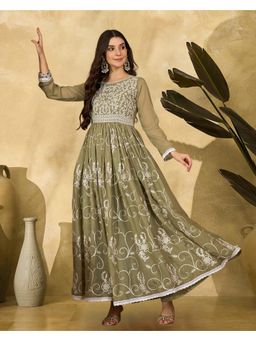 Gahan - Olive Green Star Georgette Thread Chain Embroidered Schiffly Lace Dress