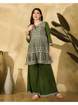 Gahan - Olive Silk Blend Zari Chain Embroidered Kurta with Palazzo