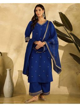 Gahan - Royal Blue Zari Sequence Embroidered Kurta with Palazzo & Dupatta