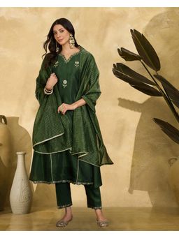 Gahan - Green Silk Blend Zari Sequence Embroidered Anarkali Kurta with Pant & Dupatta