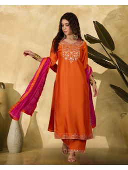 Gahan - Orange Silk Blend Zari Sequence Thread Embroidered Kurta with Palazzo & Dupatta