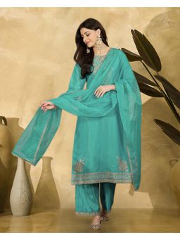 Gahan - Teal Silk Blend Zari Sequence Embroidered Kurta with Palazzo & Dupatta