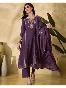Gahan - Purple Poly Chiffon Zari Sequence Embroidered Kurta with Pant & Dupatta