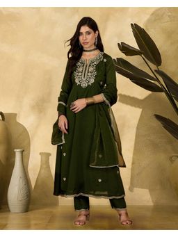 Gahan - Olive Green Zari Sequence Embroidered Anarkali Kurta with Pant & Dupatta