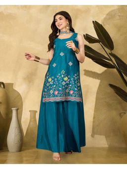 Gahan - Teal Silk Blend Zari Sequence Thread Embroidered Kurta with Palazzo & Dupatta