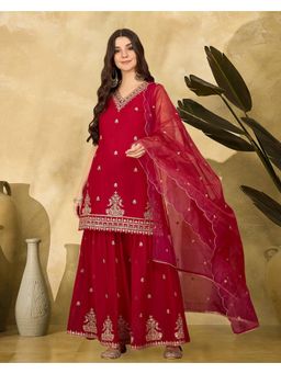Gahan - Red Georgette Zari Sequence Thread Embroidered Kurta with Palazzo & Dupatta