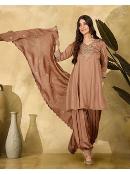 Gahan - Brown Zari Sequence Thread Embroidered Kurta with Dhoti Pant & Dupatta