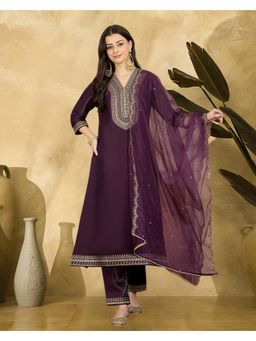 Gahan - Purple Silk Blend Zari Sequence Thread Embroidered Kurta with Pant & Dupatta