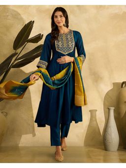 Gahan - Teal Zari Sequence Thread Embroidered Anarkali Kurta with Pant & Dupatta