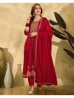 Gahan - Red Silk Blend Zari Sequence Embroidered Anarkali Kurta with Pant & Dupatta