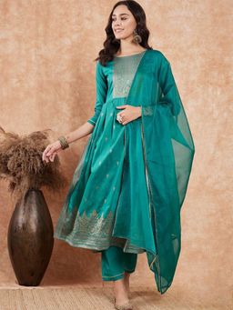 Gahan - Womens Zari Turquoise Jacquard Kurta with Pant and Dupatta