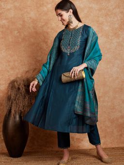 Gahan - Womens Zari Embroidered Teal Kurta with Pant and Katha Dupatta