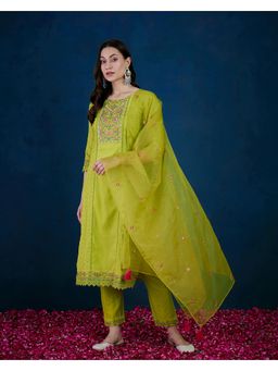 Gahan - Lime Green Cotton Zari Thread Embroidered Kurta with Pant & Dupatta