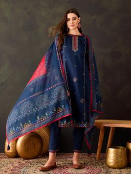 Gahan - Navy Blue Thread Embroidered Geometric Print Kurta with Pant & Dupatta