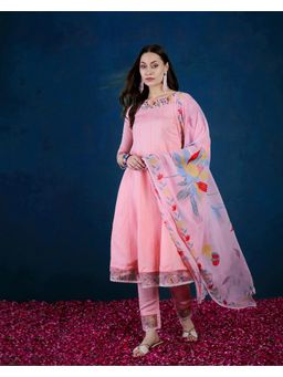 Gahan - Embroidered Sequence Pink Silk Blend Anarkali Kurta with Pant & Dupatta