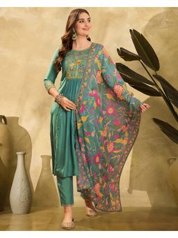 Gahan - Turquoise Blue Silk Blend Thread Embroidered Kurta with Pant & Dupatta
