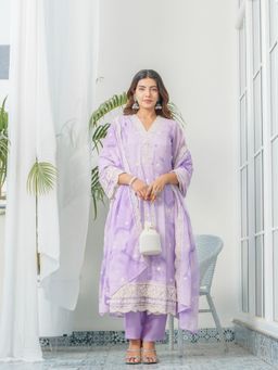 Gahan - Lavender Floral Embroidered Straight Anarkali Kurta & Pant & Dupatta