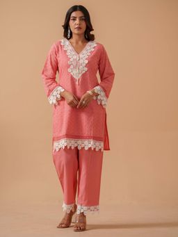 Gahan - Womens Embroidered Pure Cotton V-Neck Kurta with Pant